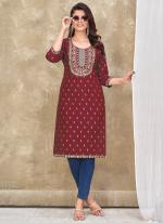 Magic Slub Maroon Festival Wear Foil Print Readymade Kurti